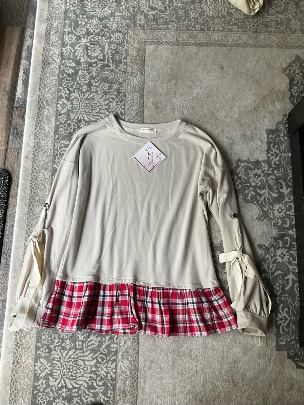 twenty second Beige Long-Sleeve Top with Red Plaid Ruffle